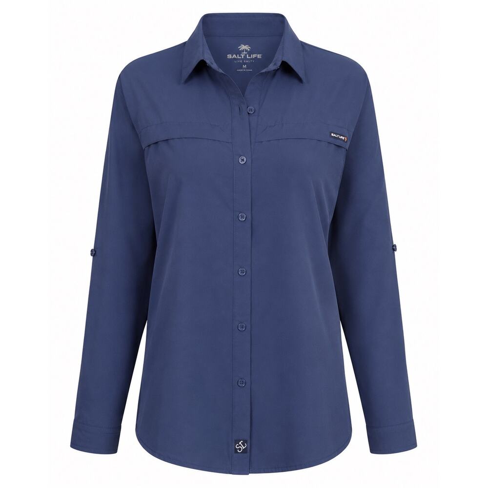 Salt Life Performance Fishing Shirt Blue Long Sleeve Button Front Outdoor Top